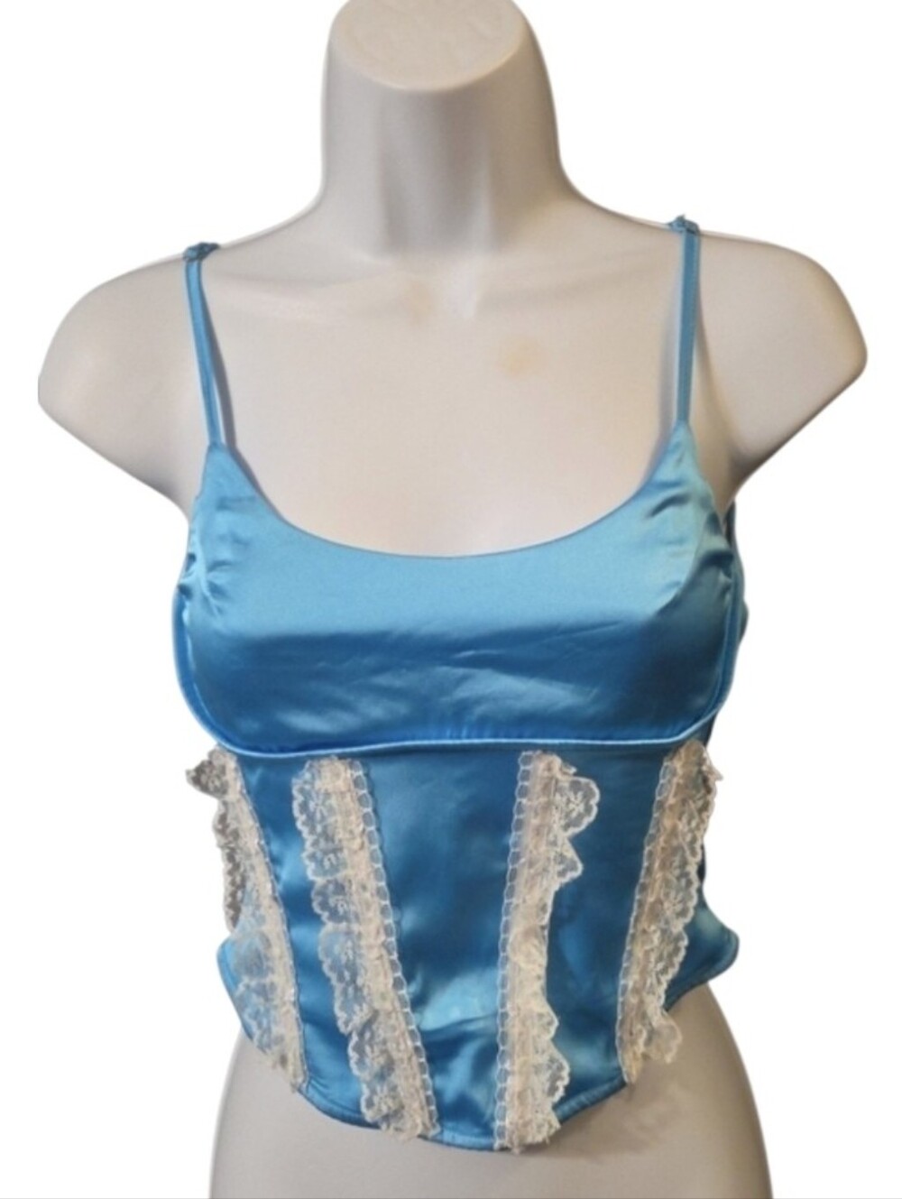 Blue Satin Crop Corset Tank Top with Back Zip - Picture 2 of 7